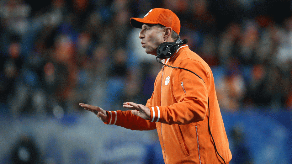 CHARLOTTE, NORTH CAROLINA - DECEMBER 07: Head coach Dabo Swinney of the Clemson Tigers reacts during the first half of the 2024 ACC Football Championship at Bank of America Stadium on December 07, 2024 in Charlotte, North Carolina. (Photo by Isaiah Vazquez/Getty Images)