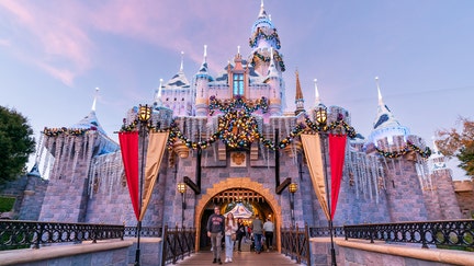 General views of Sleeping Beauty Castle at Disneyland, dressed up for the holiday season on December 03, 2022 in Anaheim, California.