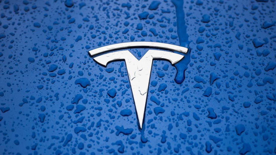 Tesla logo on vehicle with raindrops